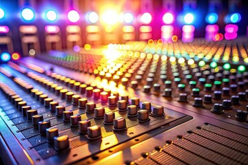 Obraz premium Close-up View of an Audio Mixing Console in a Vibrant Entertainment Venue