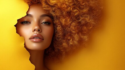 Woman with Curly Hair Posing Through Yellow Torn Paper Background