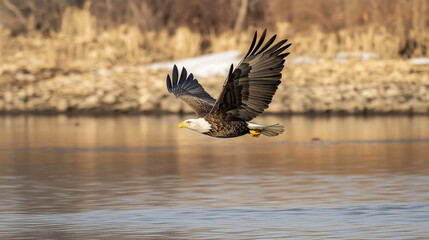 Fototapeta premium Majestic bald eagle gracefully soaring over calm waters against natural shoreline