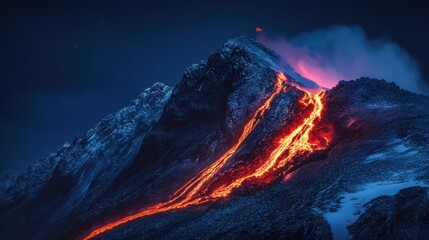 A night photograph of the top of an alpine mountain with glowing red lava flowing down its side.