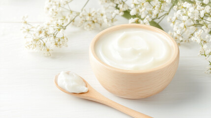Creamy Indulgence: A small wooden bowl brimming with smooth, white yogurt sits on a wooden table, ready for a delightful taste of health and flavor.