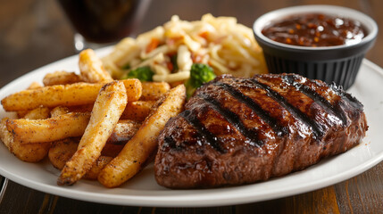 Steak Dinner with Sides: A sizzling, perfectly grilled steak, seared to perfection, sits atop a bed of golden fries, accompanied by a refreshing coleslaw and a rich, savory dipping sauce.