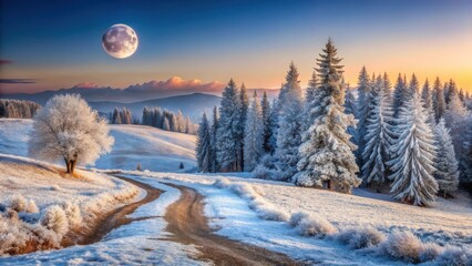 Serene Winter Landscape Frosty Trees, Winding Path, and a Full Moon at Dawn