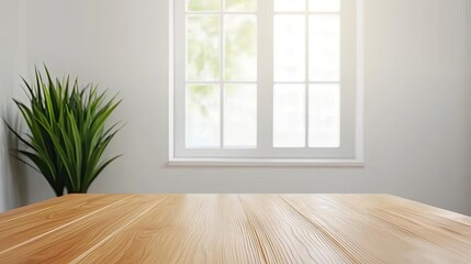 Indoor plants minimalist concept. Bright and airy room with a wooden table and indoor plant beside a large window.