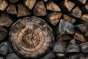 Naklejka premium Detailed Closeup of Stacked Wood Logs, Rustic Wooden Texture Background, Natural Wood Rings Pattern