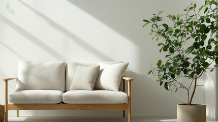 Eco-friendly materials minimalist idea. A modern living room featuring a cozy sofa and lush indoor plant on the sunlit wall.