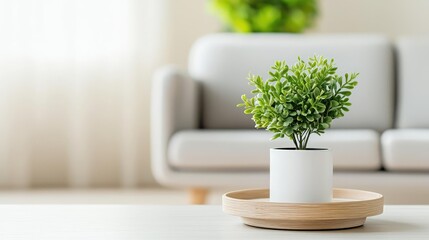 Fototapeta premium Indoor plants minimalist concept. A vibrant green plant in a white pot, enhancing a bright and cozy living space.