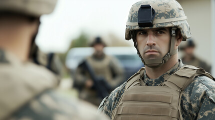 Fototapeta premium Focused Soldier: A determined soldier in full tactical gear, his gaze unwavering, stands at the forefront, his team blurred in the background, conveying readiness and focus. 