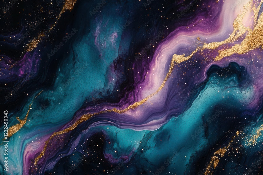 Wall mural cosmic abstract background with swirling iridescent nebulas and stardust, deep purples and teals ble