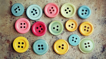 Colorful Pastel Buttons on Rustic Background Flatlay