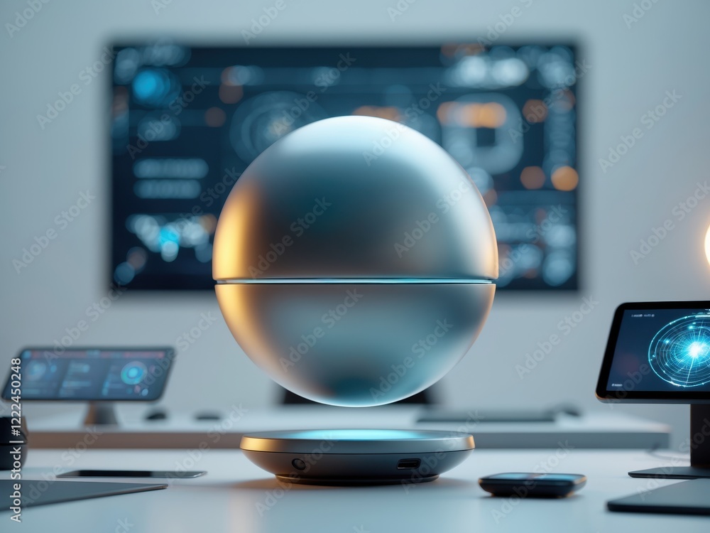 Poster exploring the future of technology with floating agentic ai device in a modern workspace