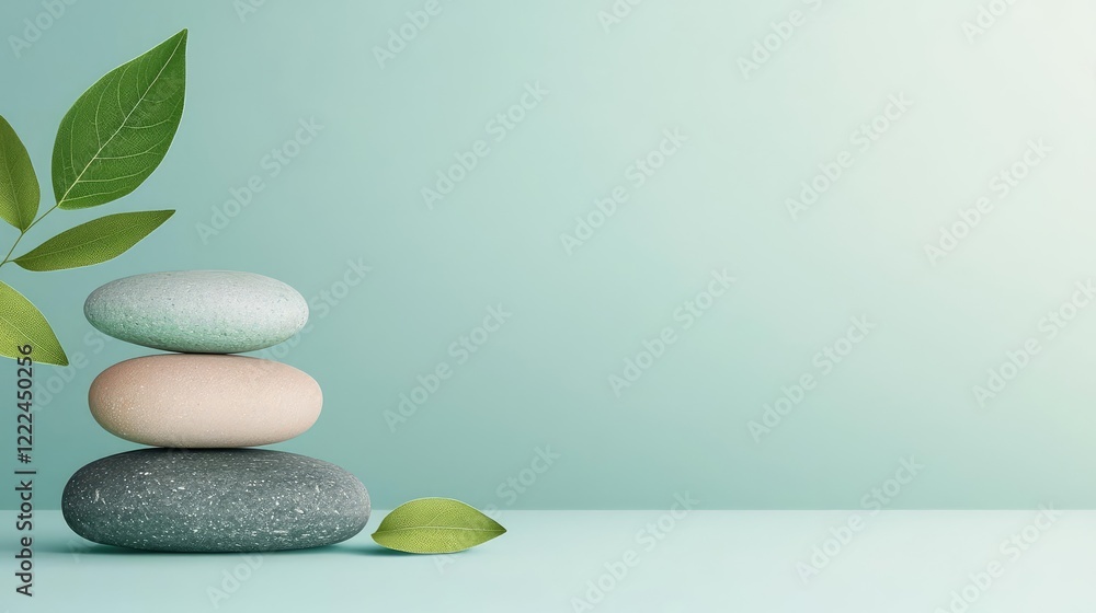 Poster eco-friendly materials minimalist idea. calm scene with stacked stones and leaves, symbolizing balan