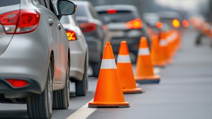 Obraz premium Traffic Jam with Orange Cones on the Road