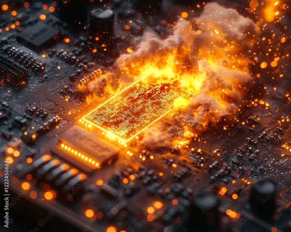 Poster cyberpunk style explosion with glowing circuitry and digital sparks