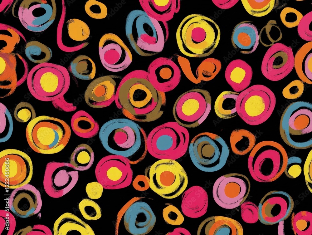 Poster vibrant abstract circular pattern: a colorful symphony of painted circles on black canvas