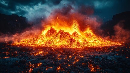 Dramatic Volcanic Eruption with Fiery Magma and Glowing Rocks Bursting into the Sky