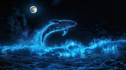 A surreal image of a glowing whale leaping out of the water at night, with bioluminescent waves sparkling beneath it and the moon shining above. 