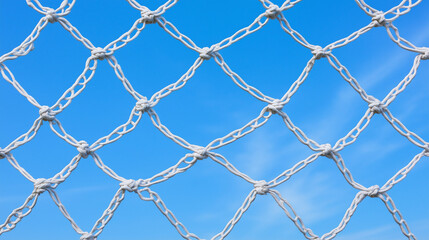 Fototapeta premium Netting the Sky: A close-up abstract texture of a white rope net against a clear blue sky, showcasing the intricate pattern of woven knots and the boundless expanse beyond. 