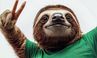 Cheerful Sloth Wearing Green Shirt Posing