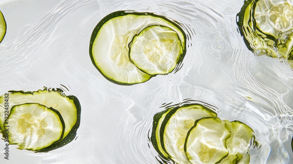 Poster cucumber slices floating in rippling clear water, a refreshing and serene composition