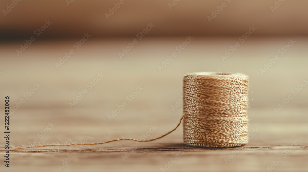 Poster a simple thread: a close-up image of a single spool of twine, resting on a rustic wooden surface. th