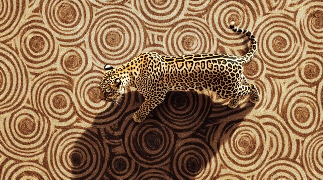 Aerial view of a leopard walking across and deep into a series of leopard skin pattern, the contrast between the leopards circles and lines below creates a mesmerizing visual effect