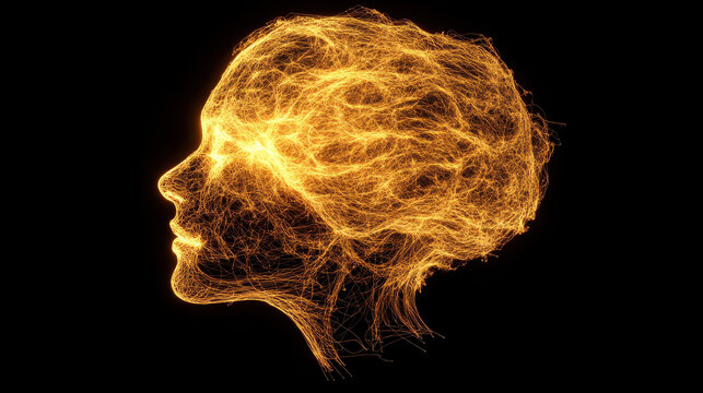 An artistic rendering of a glowing brain made entirely of delicate threads of light, suspended in a dark