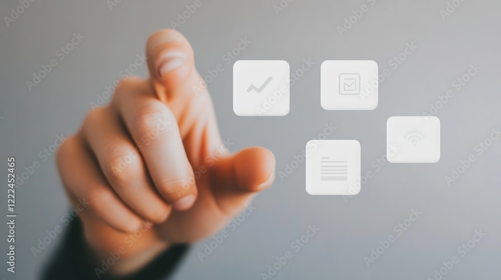 Poster hand interacting with floating digital icons representing technology