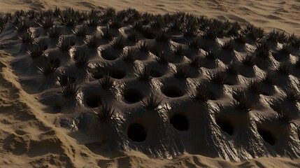 Obraz premium Desert Landscape with Holes and Sparse Vegetation