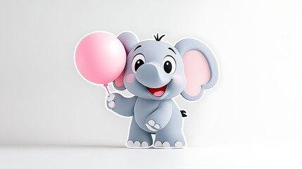 Fototapeta premium Adorable Cartoon Baby Elephant Holding Pink Balloon