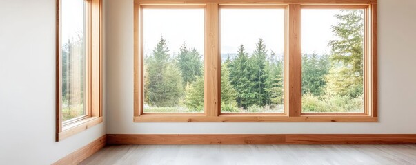 Eco-friendly materials minimalist idea. Modern interior with large windows showcasing beautiful green forest views.