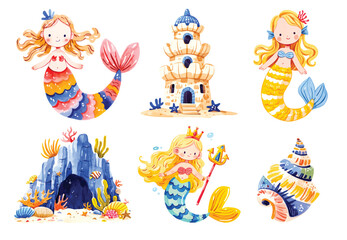 Naklejka premium Watercolor hand painting set Mermaid. Illustration isolated on white background. Sea, coral, fish, water, ocean. Use it for cards, invitations and scrapbooking.