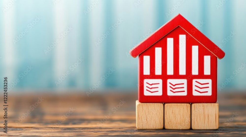 Poster red house model with graphs on blocks representing real estate growth