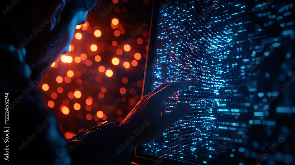 Poster futuristic person interacting with data visualization on screen