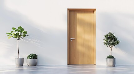 Natural lighting minimalist concept. Modern entrance door with potted plants in a well-lit, minimalist interior space.