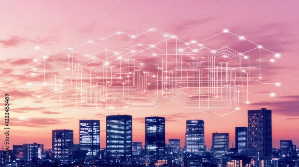 Poster sunset city skyline with digital circuit network concept art