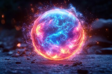 Obraz premium Magical Explosion of Glowing Orb Unleashing Shimmering Particles and Colorful Energy Waves