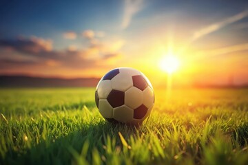A solitary soccer ball rests peacefully on a vibrant green field, bathed in the warm glow of a breathtaking sunset