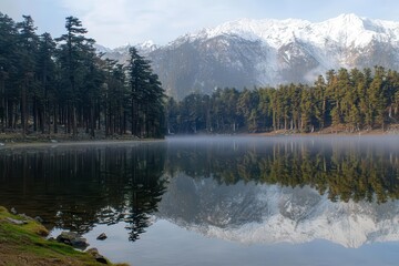 Fototapeta premium crystal clear alpine lake reflecting snow-capped peaks, surrounded by evergreen forest, morning mist rising from water