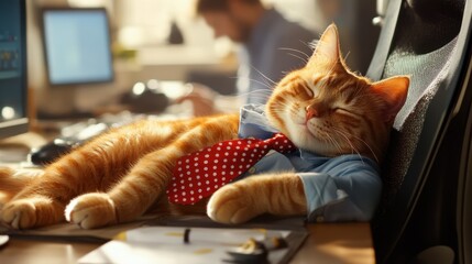 Apple 7 captured a fat orange cat sitting comfortably in an office chair, wearing a red and white polka dot tie and a blue shirt, sleeping on a table in front of a computer screen.
