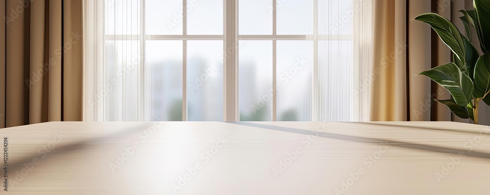 Poster natural lighting minimalist concept. bright and airy interior view with a wooden table and a window 