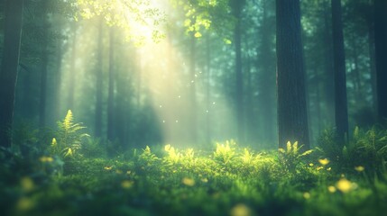Obraz premium Serene sunlit forest clearing enchanted woodland nature scene tranquil environment close-up view magical