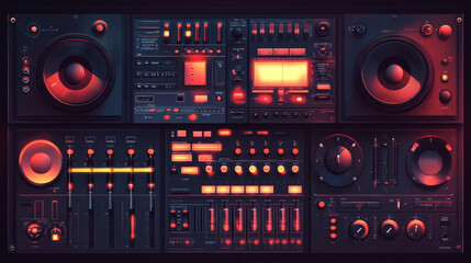 Sound mixer sliders and control knobs with dial. Vector realistic set of music studio panel or dj console, 3d metal audio tuners, faders and round switch isolated on dark background