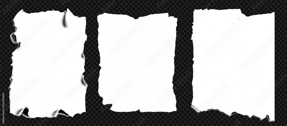 Poster vintage torn paper set with ripped edges and crumpled texture. white sheet with black crack, scrap, 