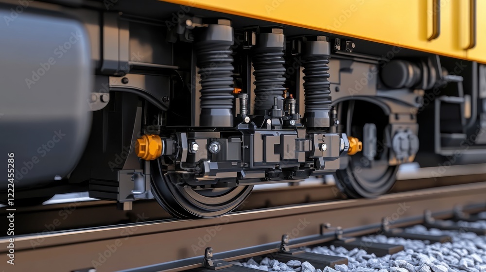 Poster close-up view of a train wheel assembly on tracks, showcasing mechanical details and functionality