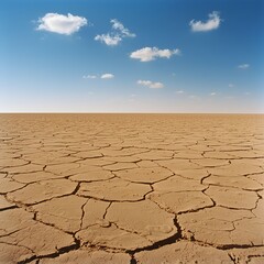 Vast Dry Landscape with Cracked Ground Under Blue Sky and Clouds