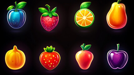 Color set of fruit icons for online casino app interface. Cartoon blueberry, ruspberry, apple, grape, banana, watermelon, cherry, orange illustration for slot machine game screen on background