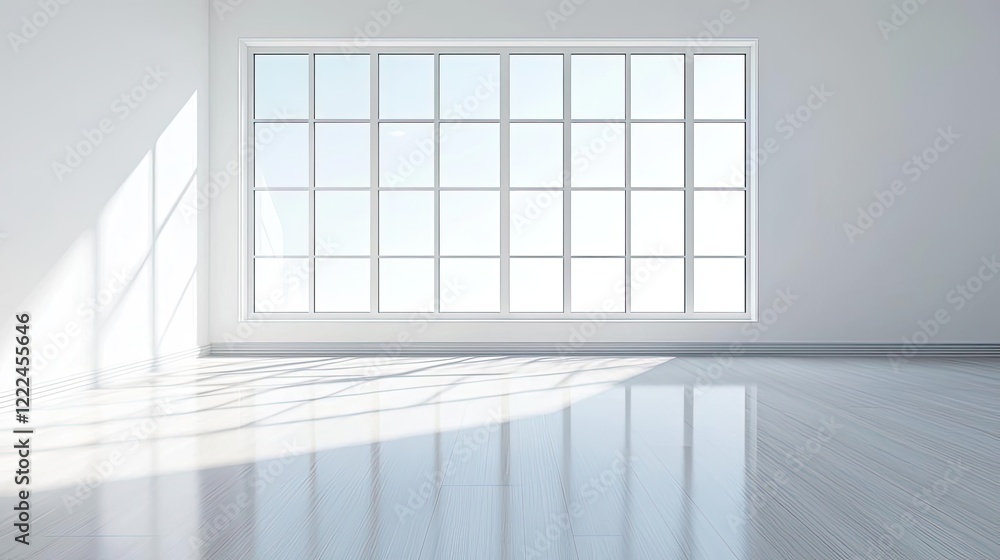 Poster natural lighting minimalist concept. bright, minimalistic room with large window and reflective floo