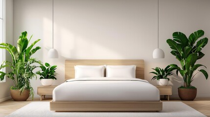 Indoor plants minimalist concept. A serene bedroom interior with plants, wooden furniture, and natural light.