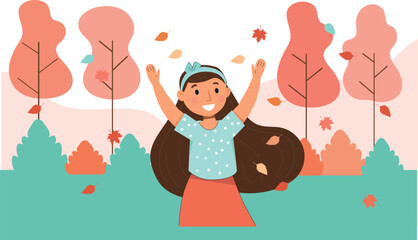 Joyful Autumn Girl Illustration with Falling Leaves and Trees A young girl twirling in a park, surrounded by trees and vibrant autumn leaves.